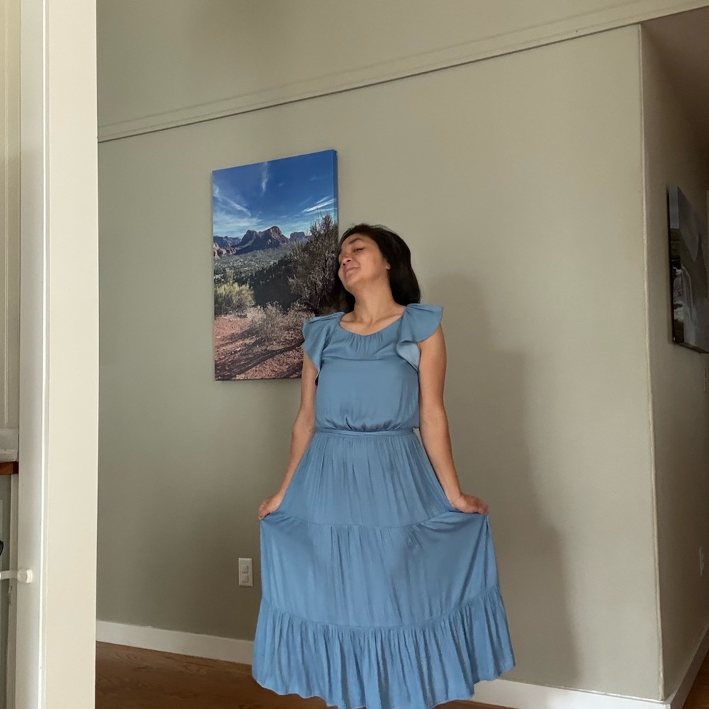 LOFT Blue Pleated Maxi Dress with Cold Shoulder